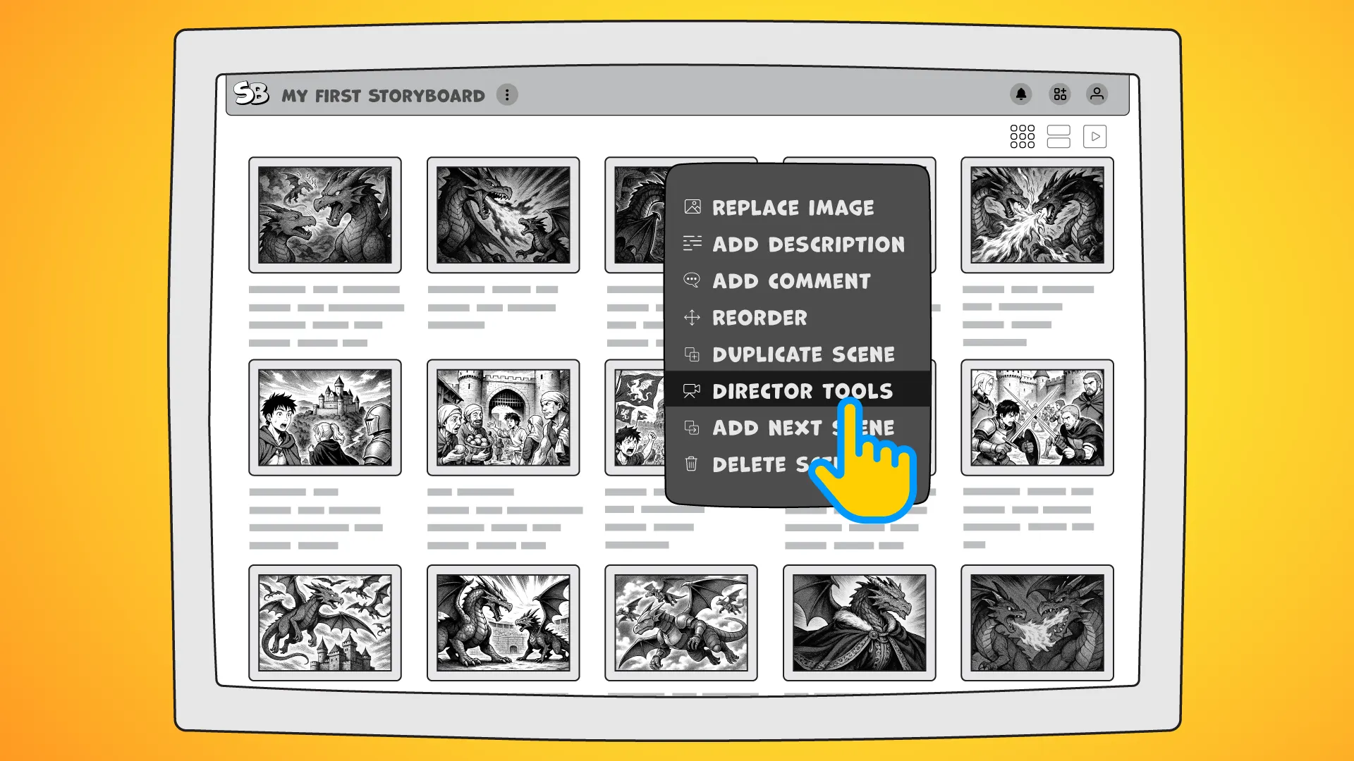Storyboard scene in StoryBoom with camera movement arrows, annotations and scene description