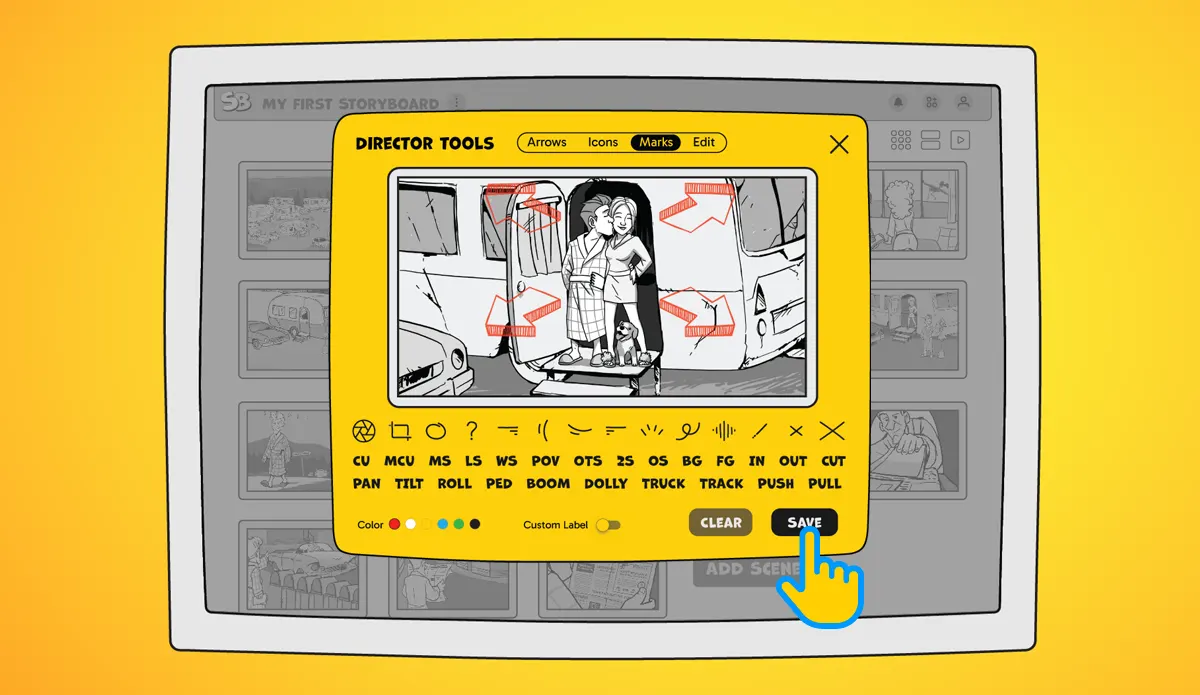 Director tools popup in StoryBoom showing arrows and camera cues
