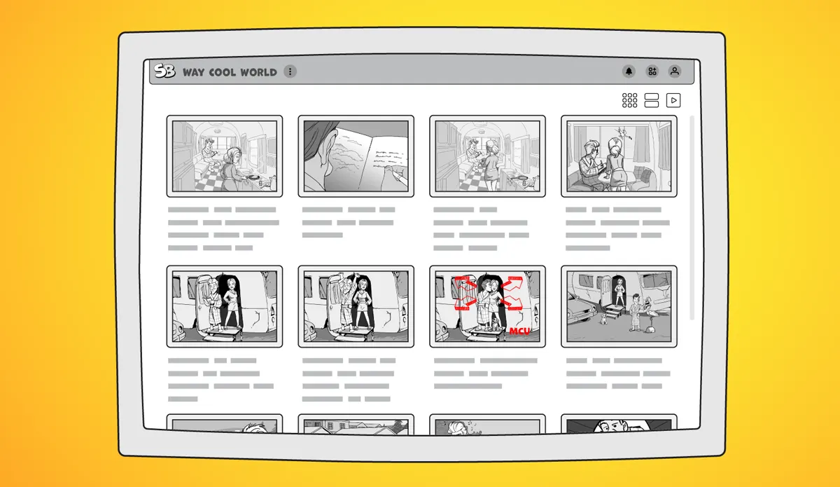 StoryBoom storyboard tiles with scene descriptions and notes