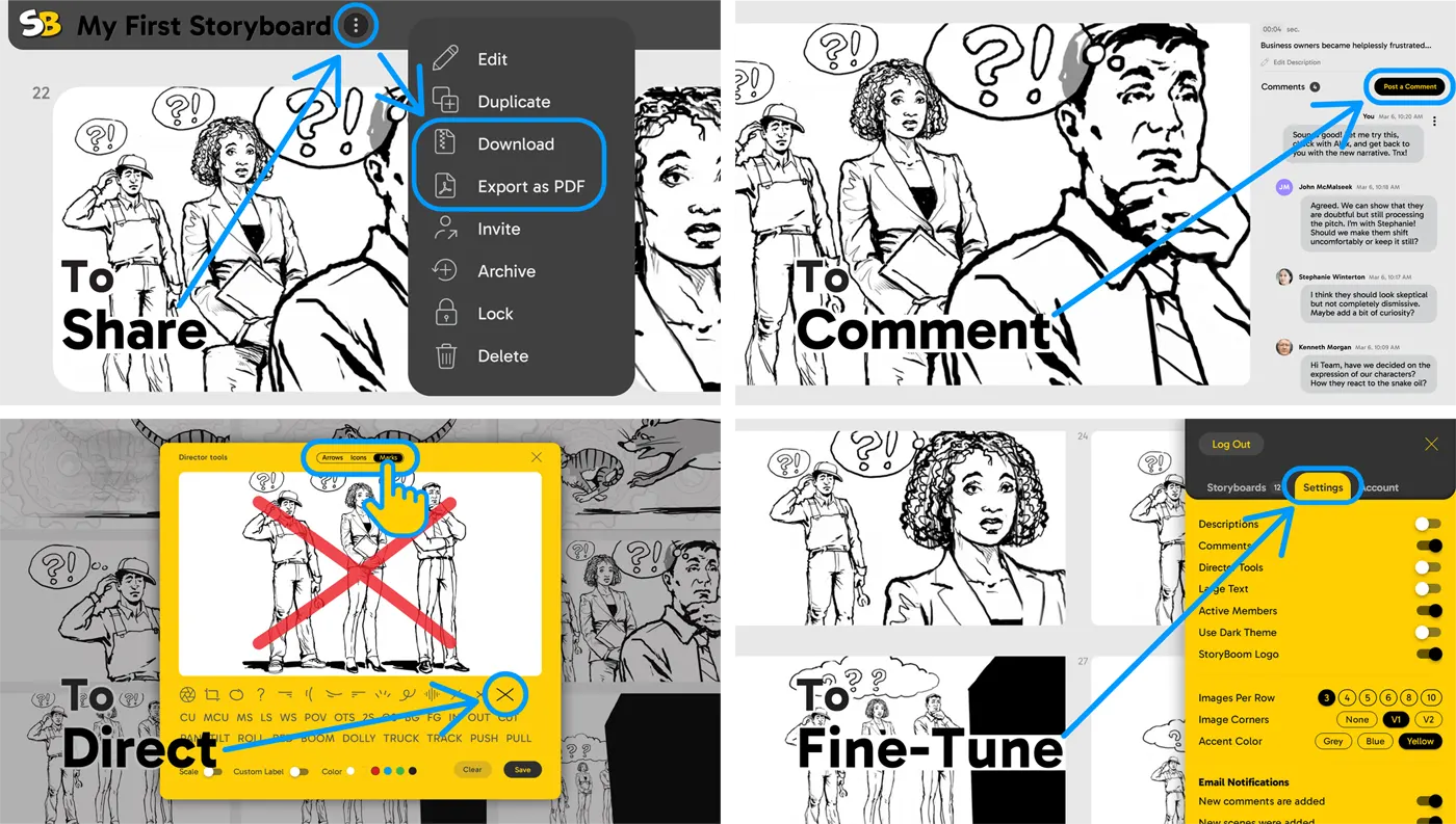 StoryBoom sofware features: Share, Comment, Direct, Fine-Tune