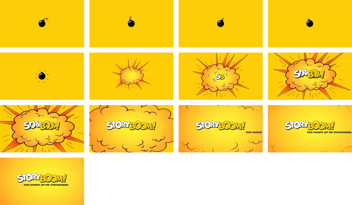 StoryBoom logo opening 13 frames storyboard