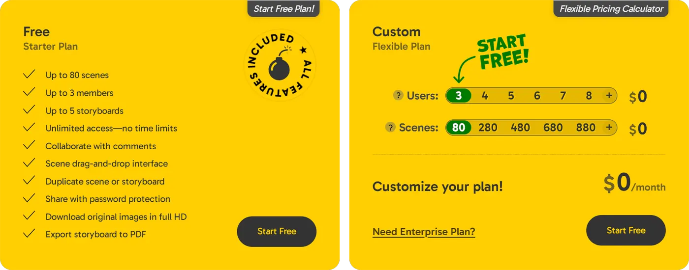 Free plan features and flexible pricing calculator for storyboarding by StoryBoom