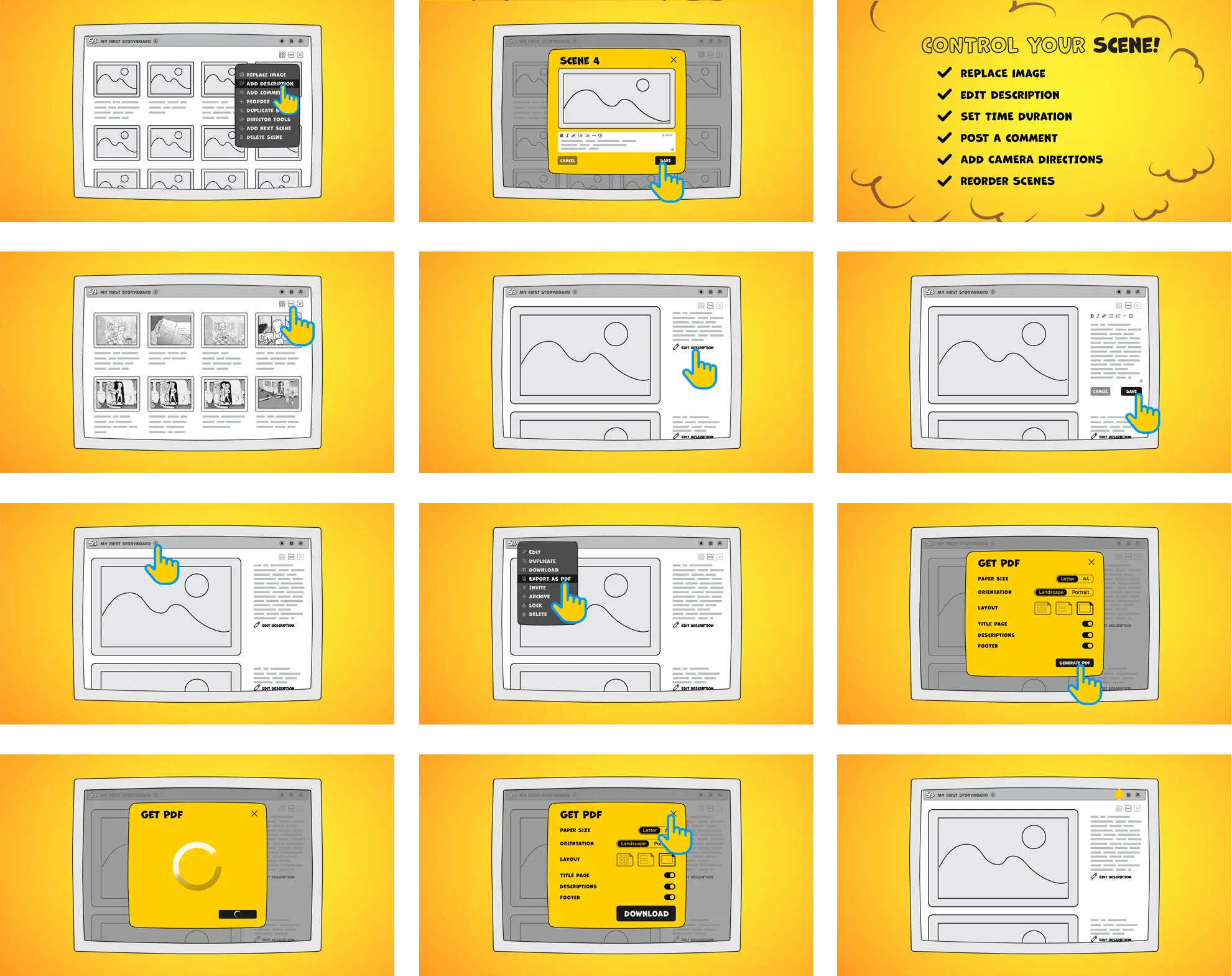 Storybord layout, 12 scenes from StoryBoom