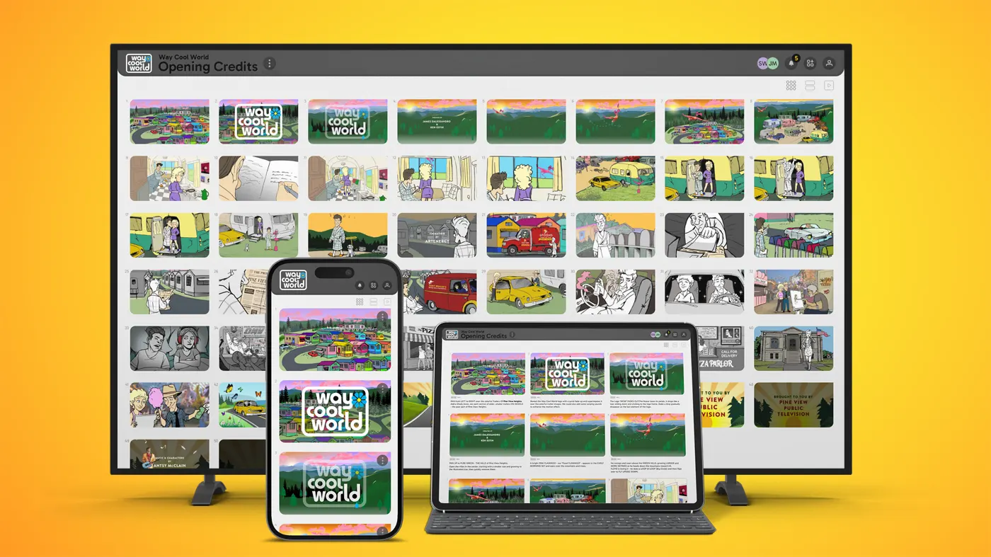 StoryBoom software on TV, laptop, and mobile devices