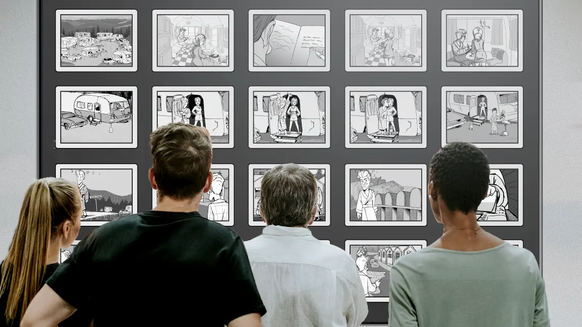 Production team is looking at the digital storyboard.