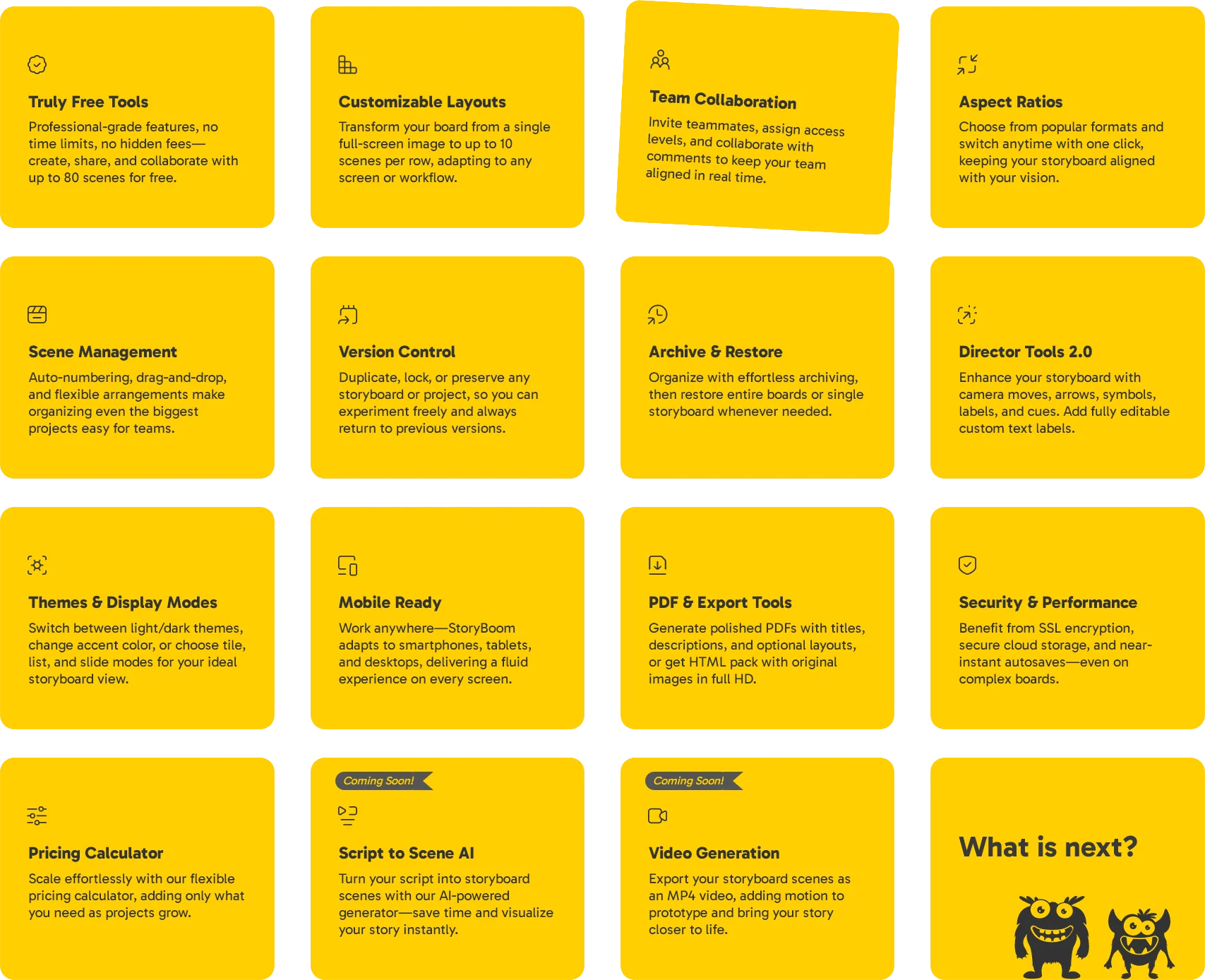 StoryBoom storyboarding Features cards